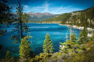 a view of a lake with trees in the foreground at Carnelian Bay Paradise in Carnelian Bay