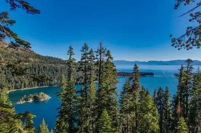a view of crater lake from the trail at Donner Escape in South Lake Tahoe