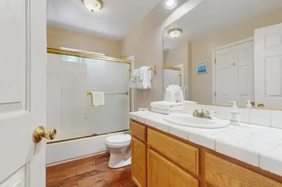 a bathroom with a sink and a toilet and a shower at Backyard Oasis in South Lake Tahoe