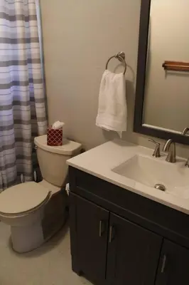 a bathroom with a toilet and a sink and a mirror at Fully updated Truckee cabin with plenty of beds in Truckee