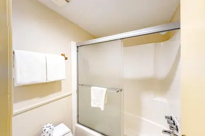 a bathroom with a shower and a toilet at Chamonix 6 in Mammoth Lakes