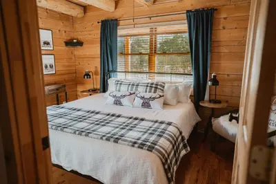 a bedroom with a bed and a window at Scenic View Timber Lodge HotTub by Casa Oso in Mariposa