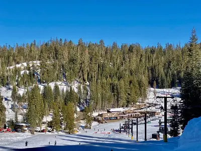 a ski lodge on a snowy mountain with trees at Sunset Glow Hidden Meadow BBQ HotTub by Casa Oso in Oakhurst