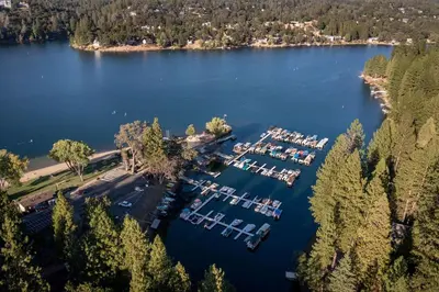 an aerial view of a marina on a lake at Better at the Lake Home with Private Dock in Groveland