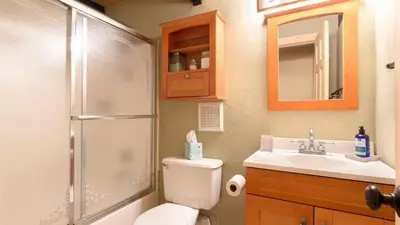 a bathroom with a toilet and a sink and a shower at Zephyr by AvantStay Stylish Modified A Frame w Access To Tahoe Donner in Truckee
