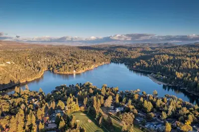 an aerial view of a lake with trees and houses at Pet Friendly Grizzly Blair Lodge Cabin in Groveland