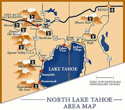 a map of north lake tahoe area map at Lakeside hotel room #8 in Kings Beach in Kings Beach