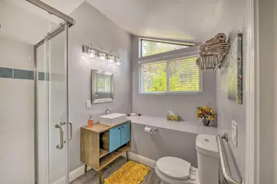 a bathroom with a shower and a toilet and a sink at Less Than 3 Mi to Dtwn Placerville Home with Outdoor Oasis in Placerville