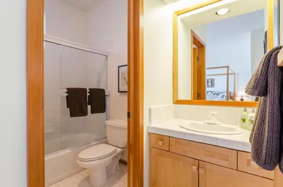 a bathroom with a toilet and a sink and a mirror at Snowcreek V 984 in Mammoth Lakes