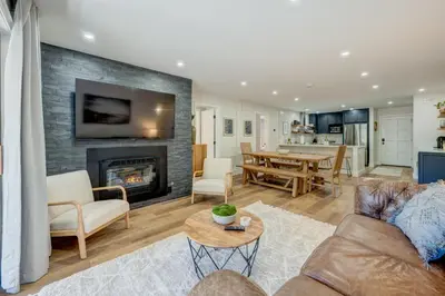 a living room with a couch and a fireplace at Incline Village Stunner in Incline Village