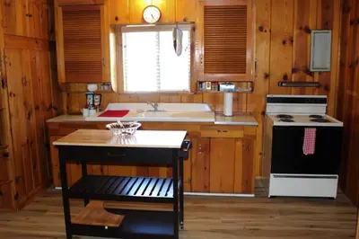 a kitchen with a stove and a sink at Rustic Chapparal Cabin at Bass Lake Heights in Oakhurst