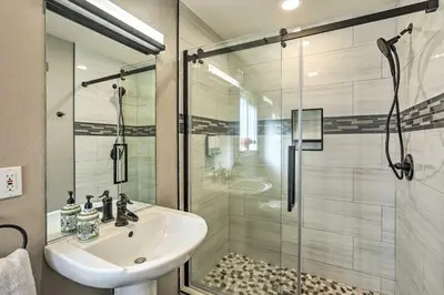 a bathroom with a sink and a shower at 6 Mi to Homewood Mountain Resort Tahoe City Gem! in Tahoe City