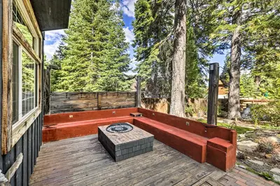 a wooden deck with a bench on a house at 6 Mi to Homewood Mountain Resort Tahoe City Gem! in Tahoe City