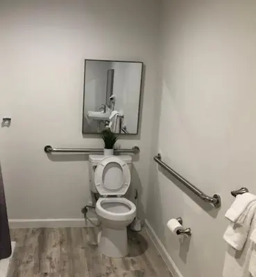 a bathroom with a toilet with a mirror and towels at Villa Alamari Inn and Suites in Kerman