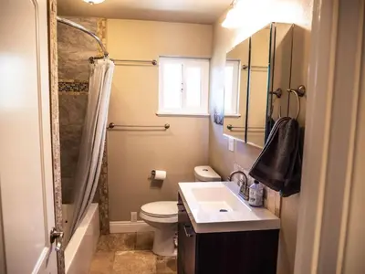 a bathroom with a toilet and a sink and a shower at Pool! Quite, Private, remodeled home on the hill in Placerville