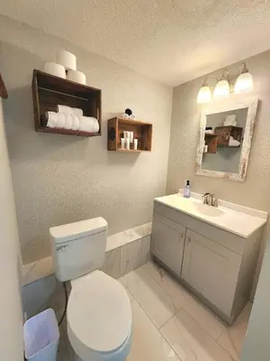 a bathroom with a white toilet and a sink at Bear Cave- Pet Friendly Suite in Shaver Lake in Shaver Lake