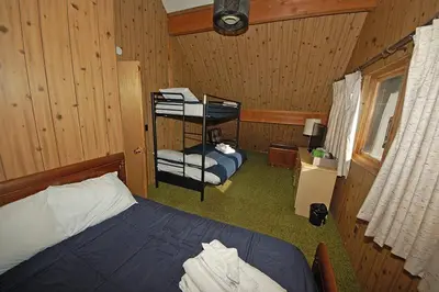 a bedroom with two beds in a room with wooden walls at 1116 Golden Bear home in South Lake Tahoe