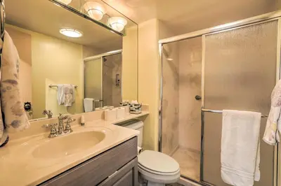 a bathroom with a sink and a shower at 3 Mi to Skiing! Incline Village Retreat with Sauna in Incline Village