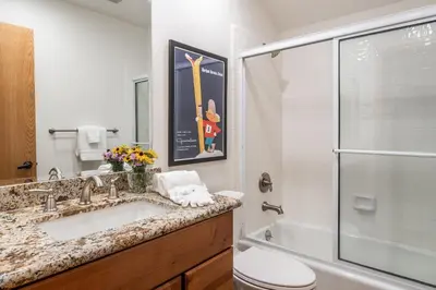 a bathroom with a sink and a shower and a toilet at Updated 3 Bedroom 3 Bathroom Snowcreek Phase V #884, Sleeps 6 in Mammoth Lakes