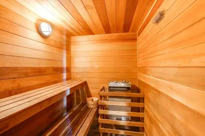 a wooden sauna with a sink in it at 2 Mi to Heavenly Mtn Resort Retreat with Sauna! in Stateline