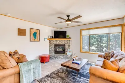 a living room with two couches and a fireplace at 2 Mi to Heavenly Mtn Resort Retreat with Sauna! in Stateline