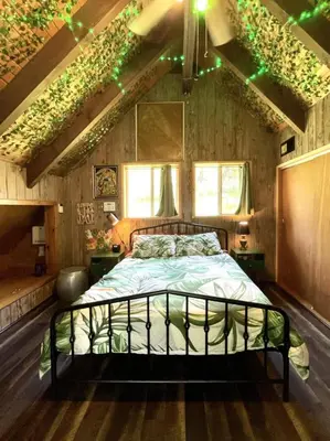 a bedroom with a bed with green lights on the ceiling at Megans Mountain Getaway in Miramonte