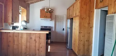 a kitchen with wooden cabinets and a refrigerator at Panoramic Lake View, Lake Isabella in Wofford Heights