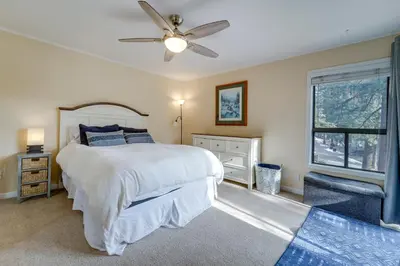 a bedroom with a bed and a ceiling fan at Less Than 3 Mi to Lake Tahoe Incline Village Condo! in Incline Village