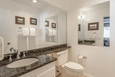 a bathroom with a toilet and a sink and a mirror at Mammoth Ski and Racquet 71 in Mammoth Lakes
