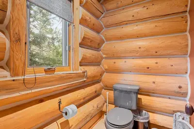 a log cabin bathroom with a toilet and a window at Willow Cove Log Cabin in Bass Lake