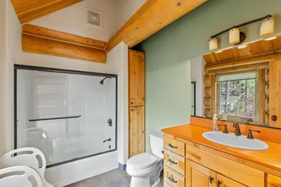 a bathroom with a shower and a toilet and a sink at Willow Cove Log Cabin in Bass Lake