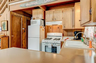 a kitchen with a stove and a refrigerator and a sink at Lofty Lodi in South Lake Tahoe