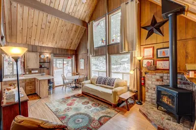 a living room with a couch and a fireplace at Lofty Lodi in South Lake Tahoe