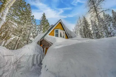 a house covered in snow in the woods at A Bear's Rest in Homewood