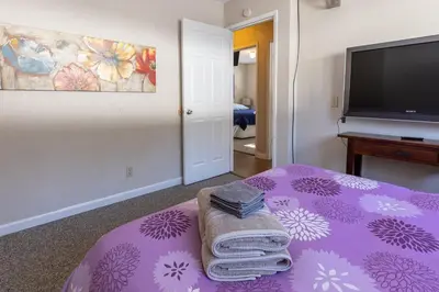 a bedroom with a purple bed with a flat screen tv at Lake Views in 3bdr Family Home w/ Hottub in South Lake Tahoe