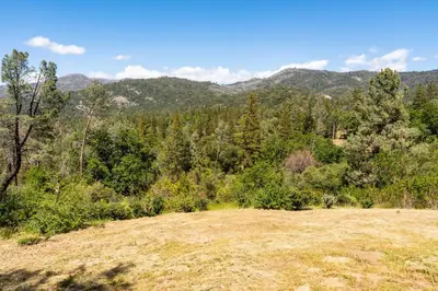 a field with trees and mountains in the background at Hilltop Haven- Bright and Modern Cabin w/ hot tub and stunning views in Oakhurst