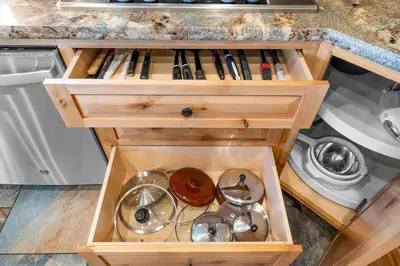 a drawer in a kitchen with pots and pans at Stage Coach Run home in Stateline