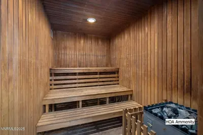 a sauna with a wooden bench in a room at Sparrow's Nest home in Incline Village