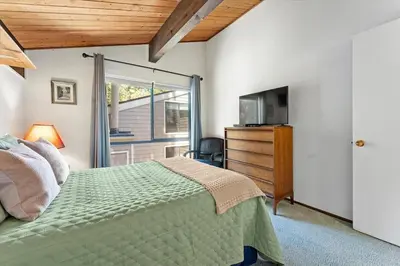 a bedroom with a green bed and a television at Raccoon Roost condo in Incline Village