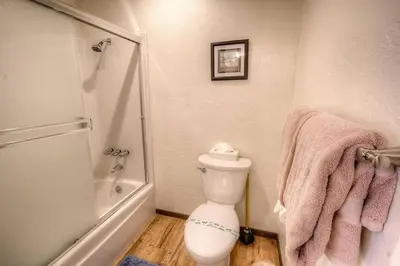 a bathroom with a white toilet and a shower at Kingswood Cornerview home in Kings Beach