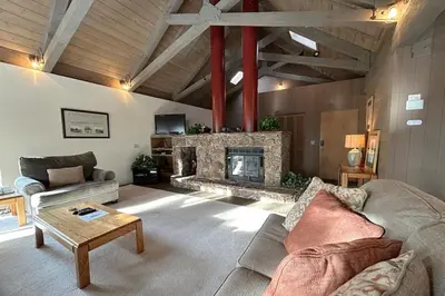a living room with a couch and a fireplace at Tumbleweed Pines home in Incline Village