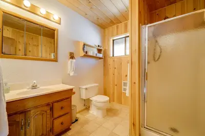 a bathroom with a toilet and a sink and a shower at 6 Mi to Sugar Bowl Resort Soda Springs Cabin! in Soda Springs