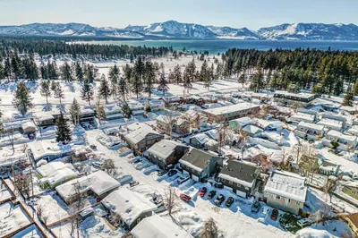 an aerial view of a resort in the snow at 1 Mi to Lake Tahoe Vacation Rental Home! in Stateline