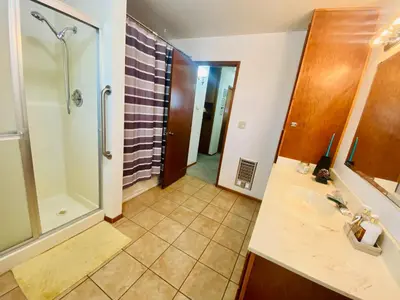 a bathroom with a walk in shower and a sink at Family friendly, 3 bedroom house, with king bed for up to 15 - BBQ - Internet - jet tub in Auburn
