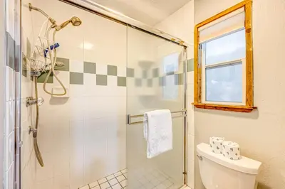 a bathroom with a shower and a toilet at The Big White Cottage in Truckee