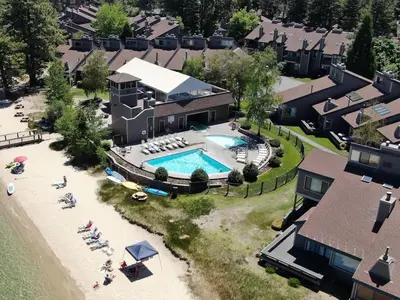 an aerial view of a resort with a swimming pool at Bear Lake Hideaway condo in South Lake Tahoe