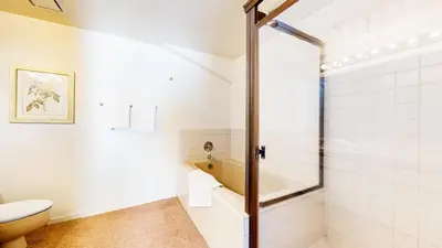a bathroom with a toilet and a shower stall at Bridges #308 condo in Mammoth Lakes