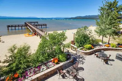 an aerial view of a beach with benches and flowers at Heavenly Lakeside Retreat Close to downtown in South Lake Tahoe