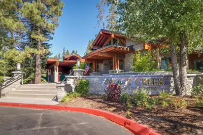 a house with a sign in front of it at Hansel Hideaway in Truckee