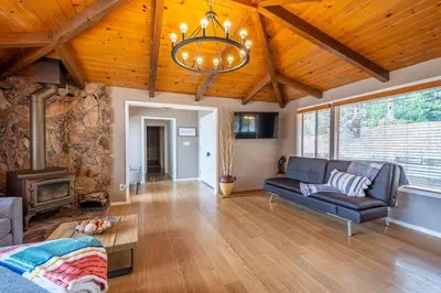a living room with a couch and a fireplace at Cherry Cottage 15 min from Yosemite South Entrance in Oakhurst